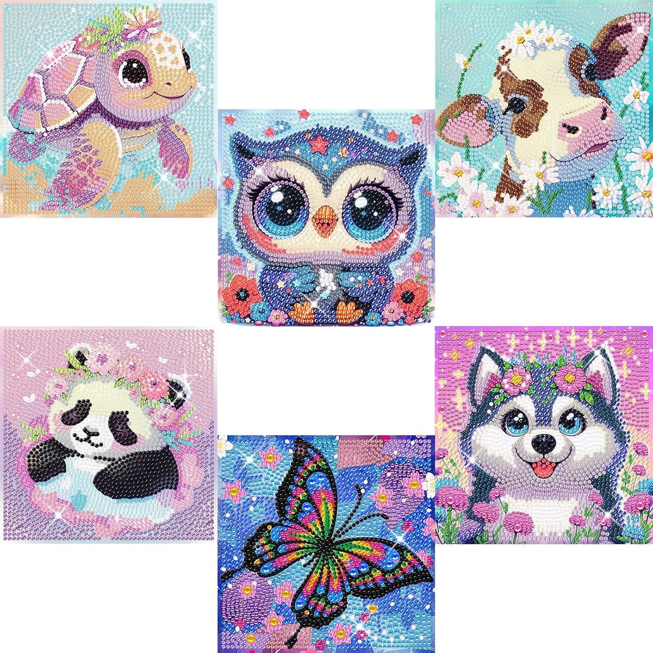 6 Pack 5D Cartoon Diamond Painting Kits for Kids, Cute Animals Diamond Art Kits for Kids Beginners, DIY Kids' Mosaic Kits Gem Art Dots Crafts for Girls Boys Ages 6-8-9-10-12, Home Wall Decor 6X6 Inch